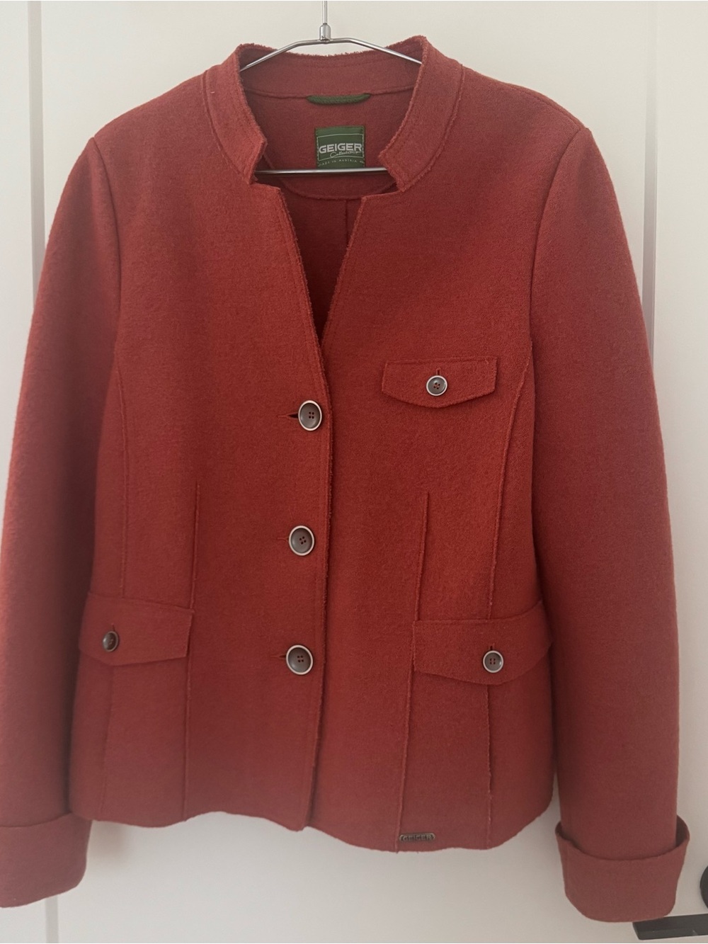 GEIGER Austria 100% Pure New Wool Terracotta Red Raw Seam Jacket Coat 42